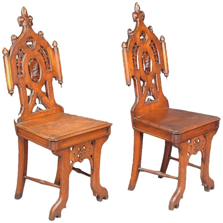 Four Gothic Revival Oak Hall Chairs