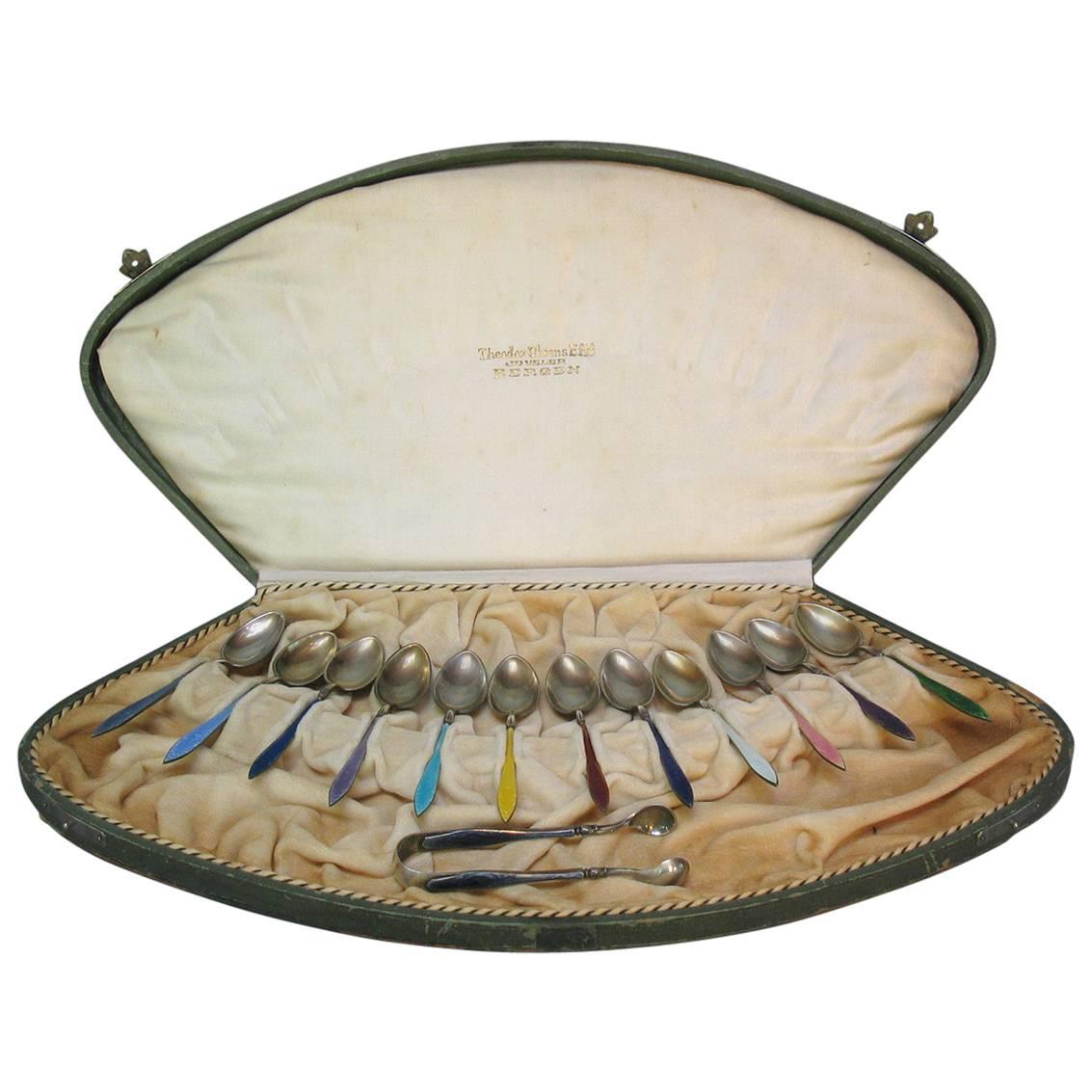 Attractive Set of 12 Demitasse Spoons & Sugar Tongs .925 in Fitted Fanshaped Box For Sale