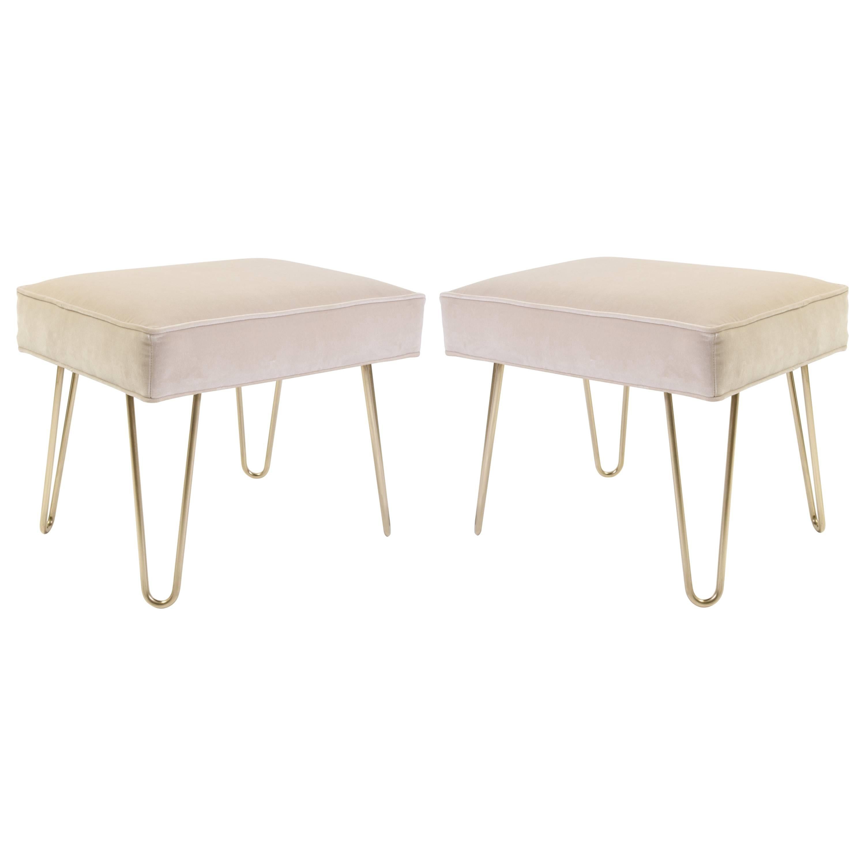 Petite Brass Hairpin Ottomans in Oyster Velvet by Montage