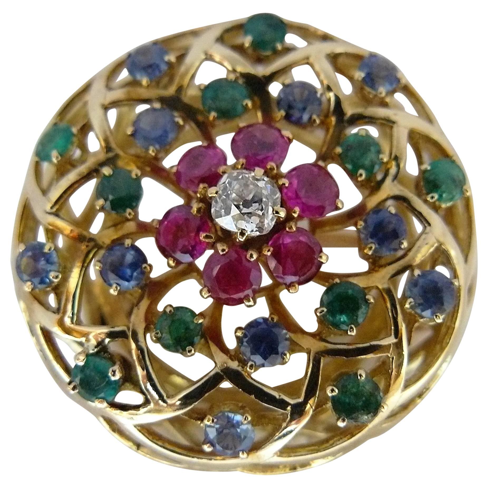 1970s Sapphire Ruby Emerald Diamond Gold Brooch For Sale