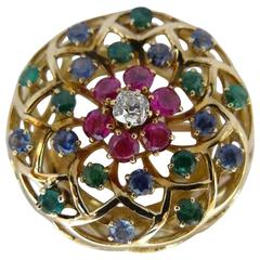 1970s Sapphire Ruby Emerald Diamond Gold Brooch 9