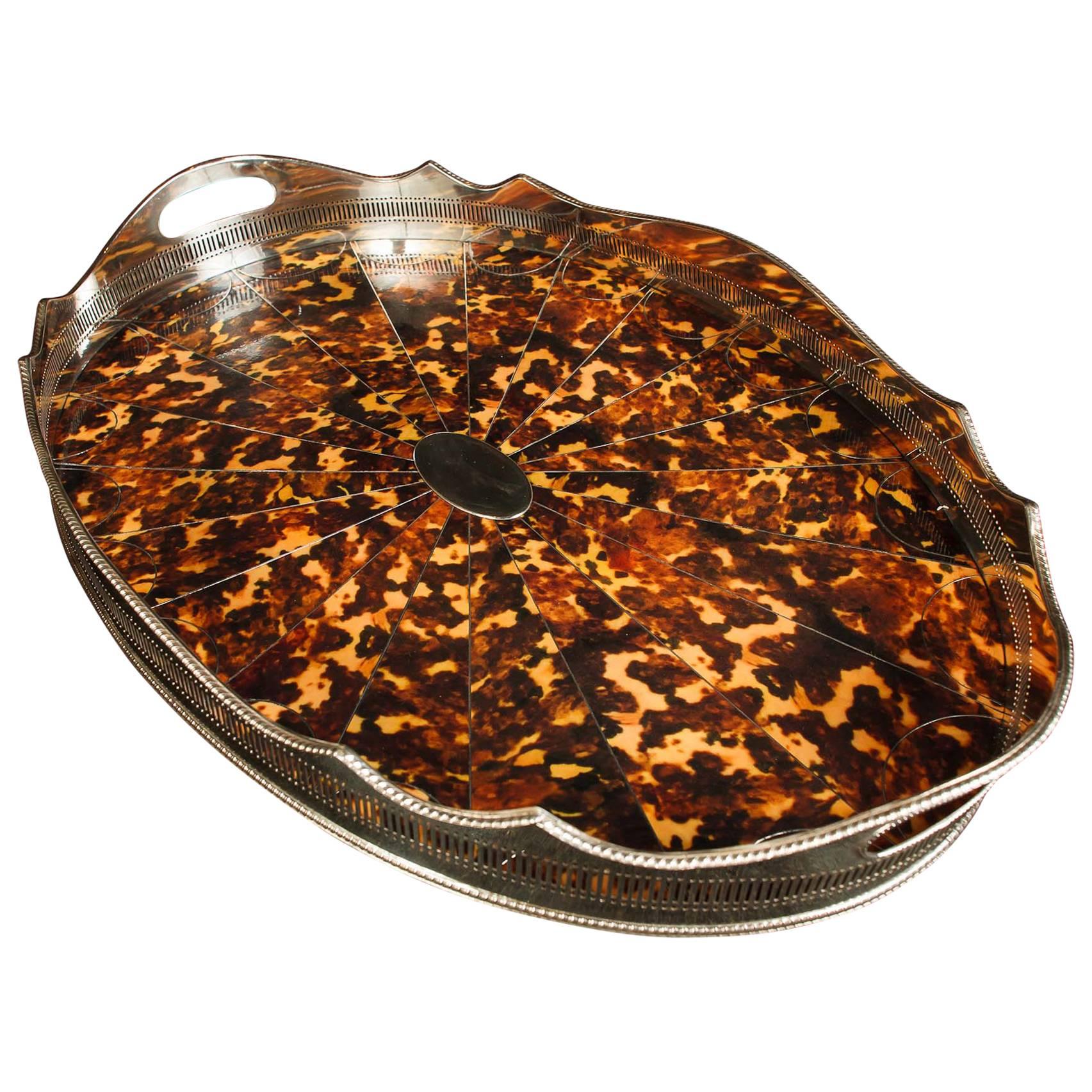 Victorian Style Silver Plate Butlers Tray Faux-Tortoiseshell Platter For Sale