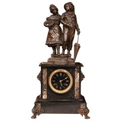 Antique 19th Century French Black Marble and Patinated Spelter Desk or Mantle Clock