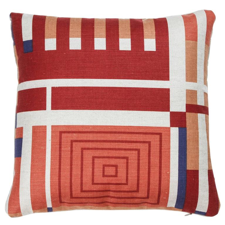 Gujarati Embroidery Pillow Geometric Motif Blue Orange Yellow Schumacher Linen Frank Lloyd Wright Pillows In Red Blue Orange And Ivory
