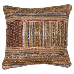 Chinese Hill Tribe Silk Ribbon Pillow.  Brown, Blue, Red, Ivory