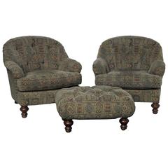 Pair of William IV Style Club Chairs with Ottoman by Sherrill