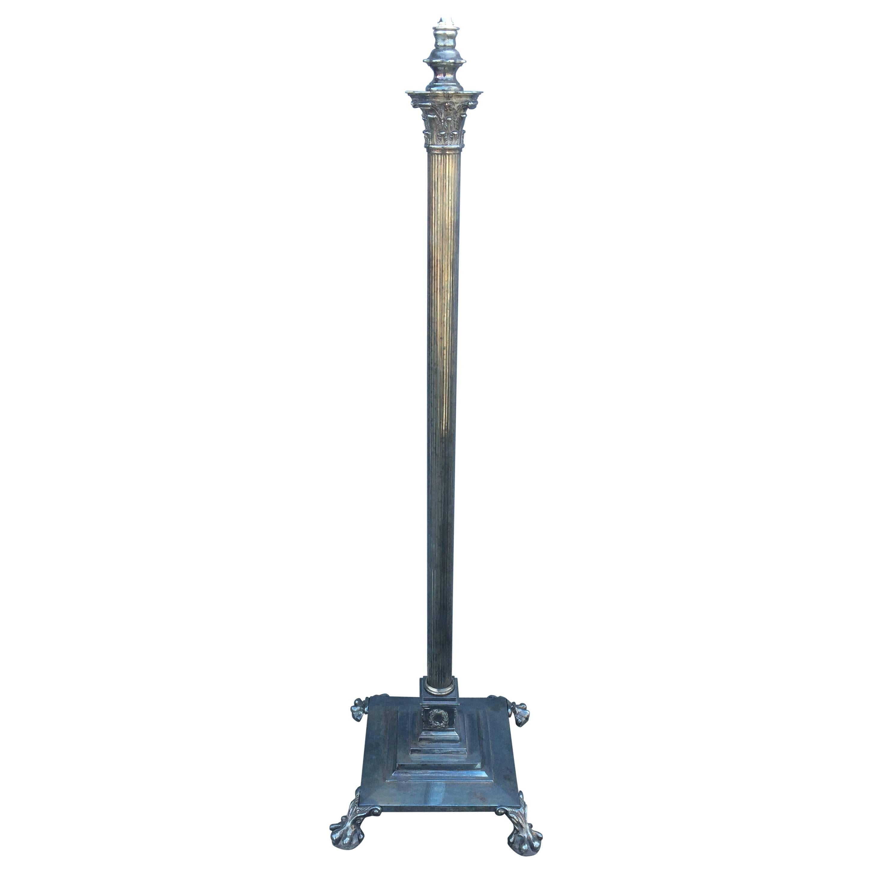 Neoclassical English Regency Silver Column Floor Lamp 