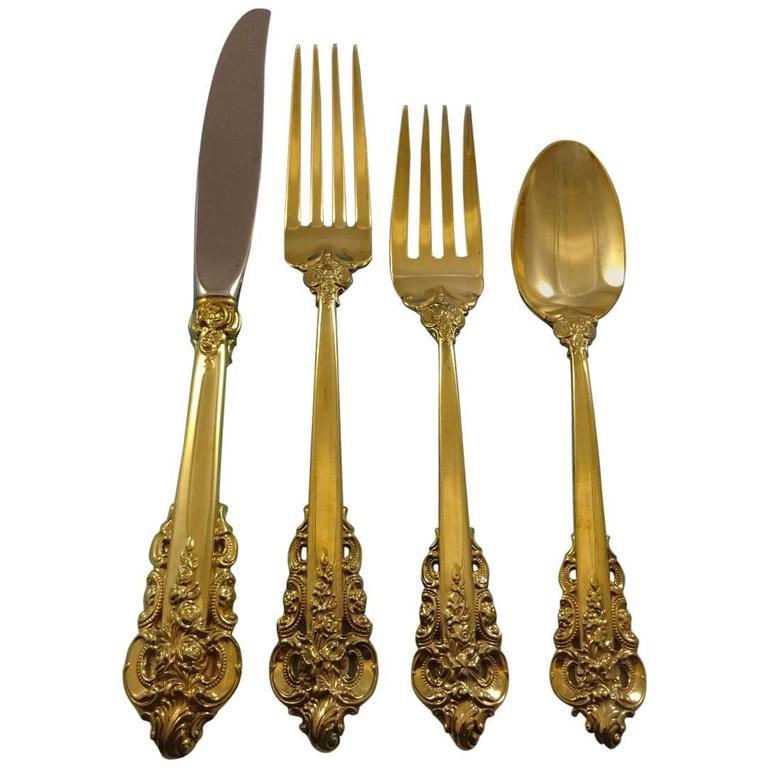 Grande Baroque By Wallace Sterling Silver Flatware Service 8 Set Gold Vermeil