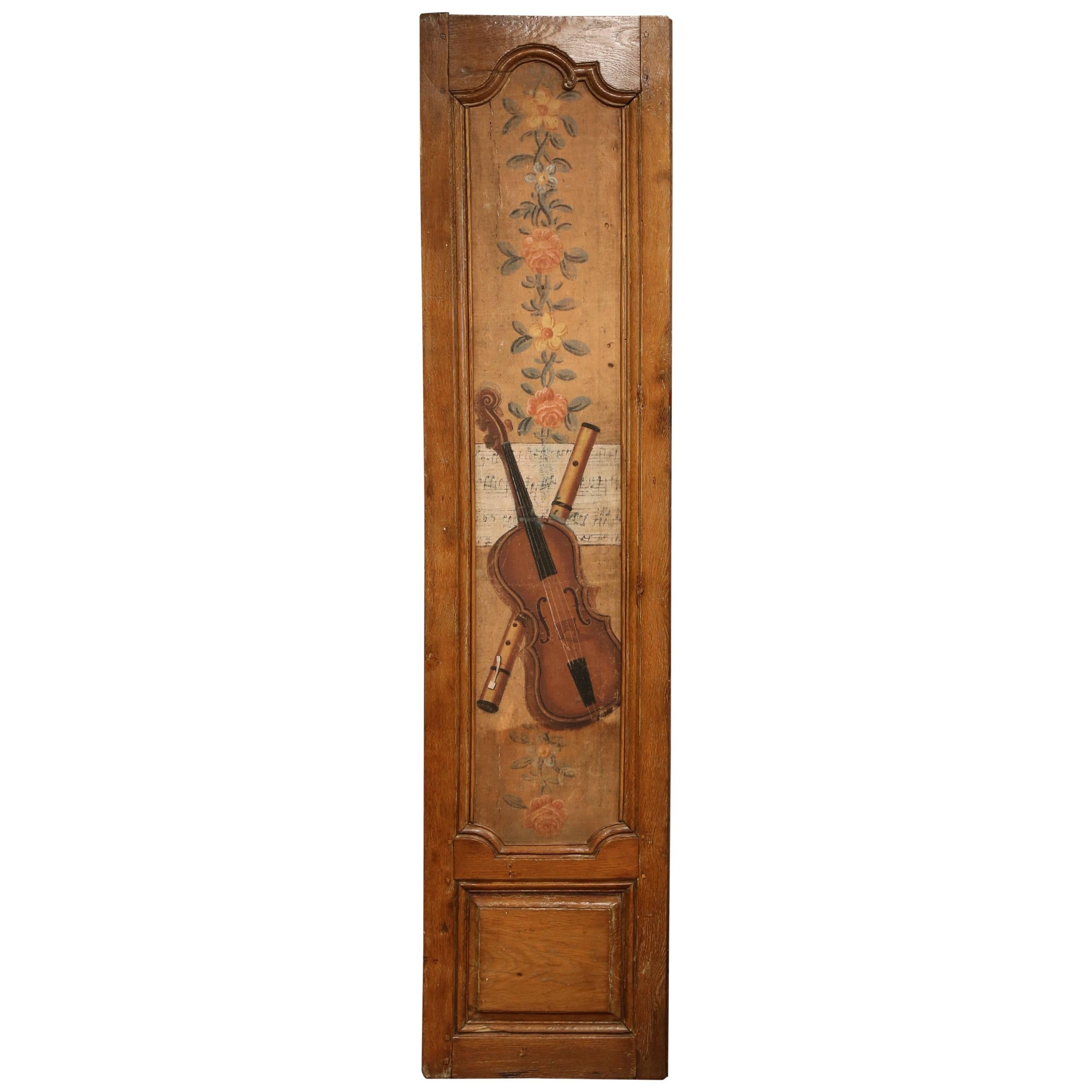 18th Century, French Carved Oak Painted Panel with Music Instruments and Flowers