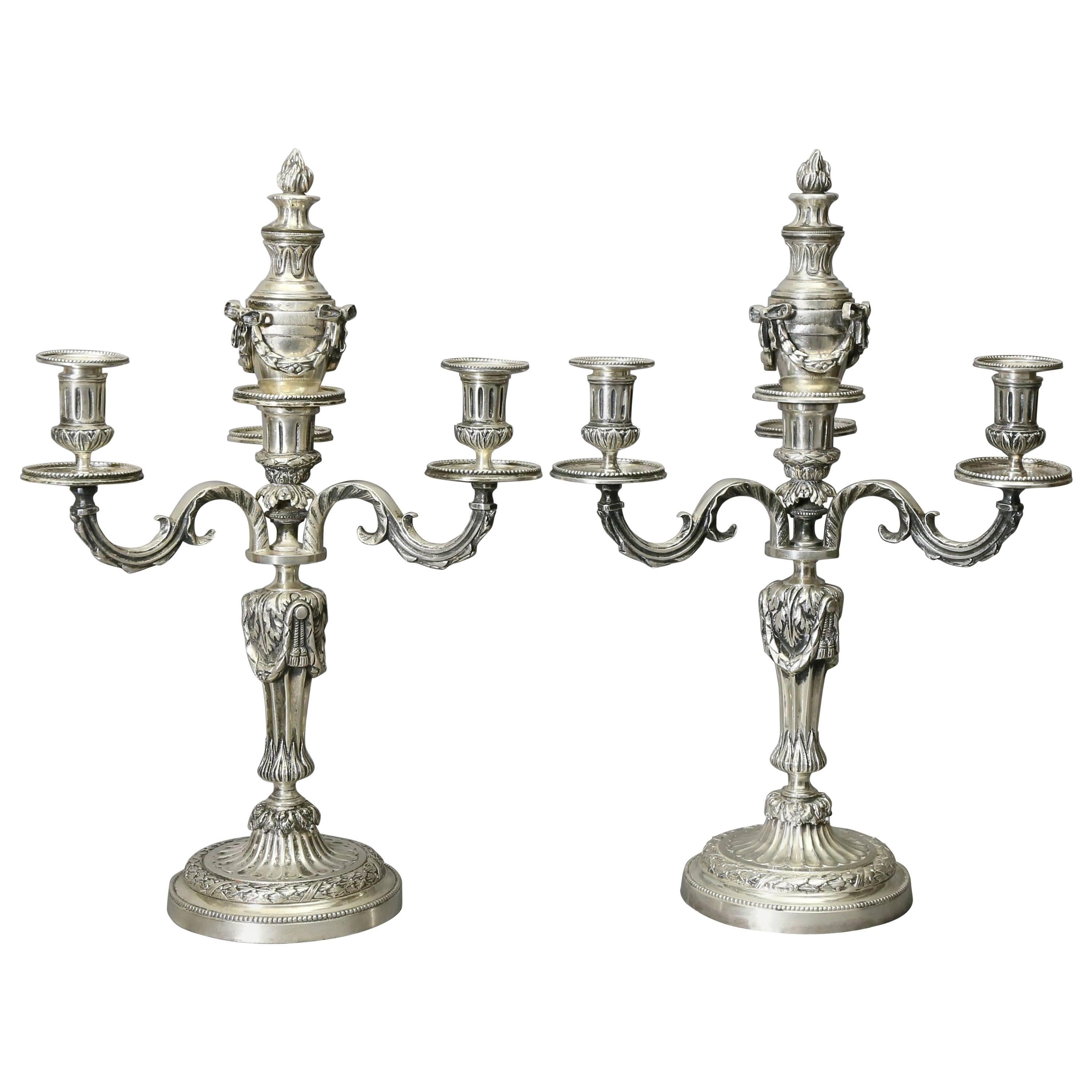 Pair of Louis XVI Style Silvered Bronze Candelabra