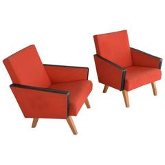 1970s French Bright Red Straight Sided Armchairs with Vinyl Topped Armrests