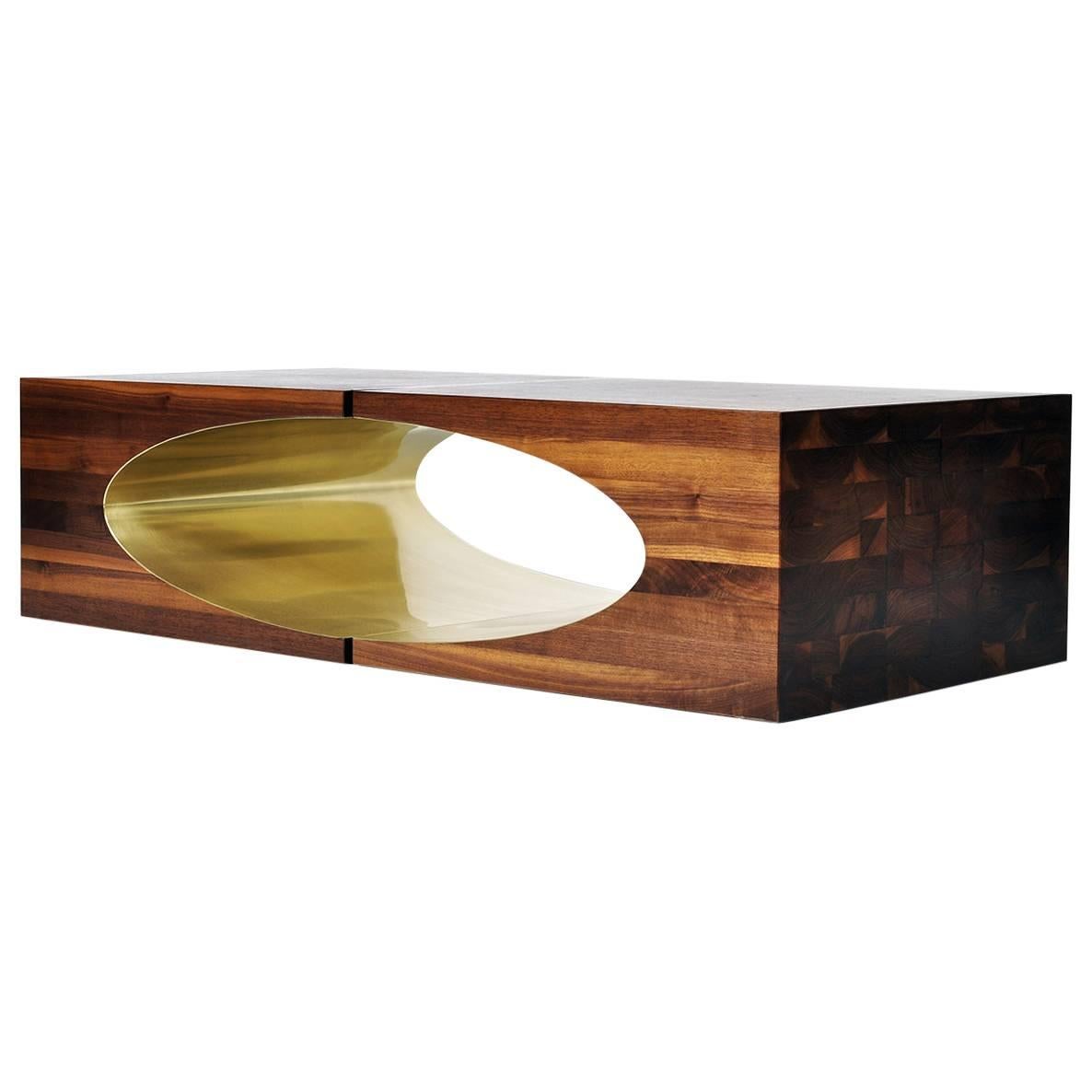 Ellipse Coffee Table Sculpted in Solid Walnut and Brass by Newell Design For Sale