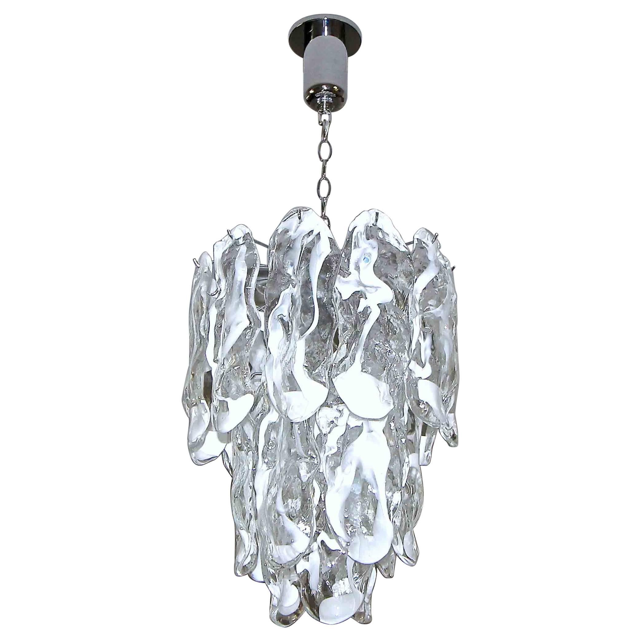Murano Textured White Clear Glass Chandelier by Mazzega