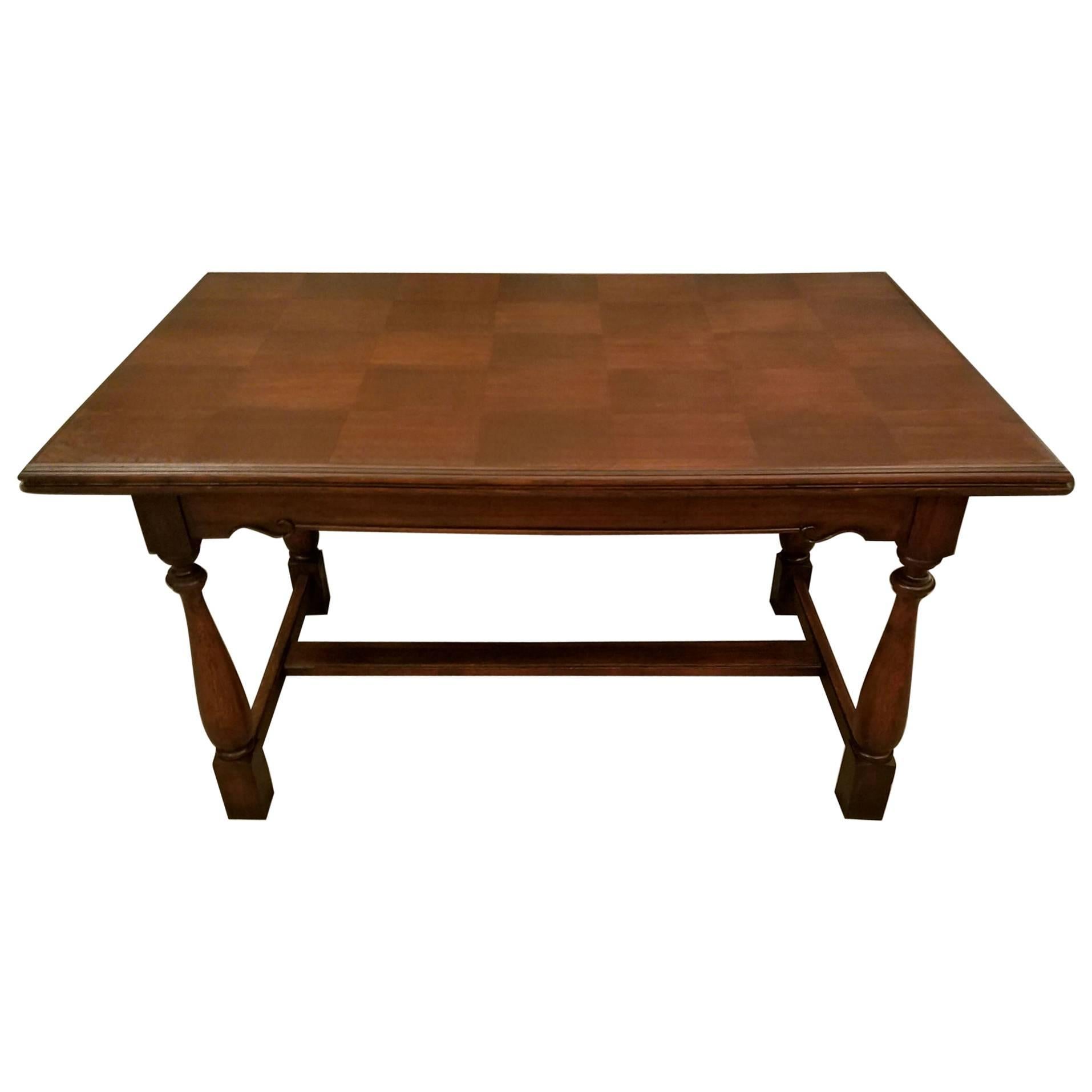 Antique Country French Carved Oak Refectory Dining Table with Parquetry Top For Sale