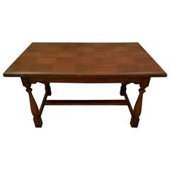 Antique Country French Carved Oak Refectory Dining Table with Parquetry Top