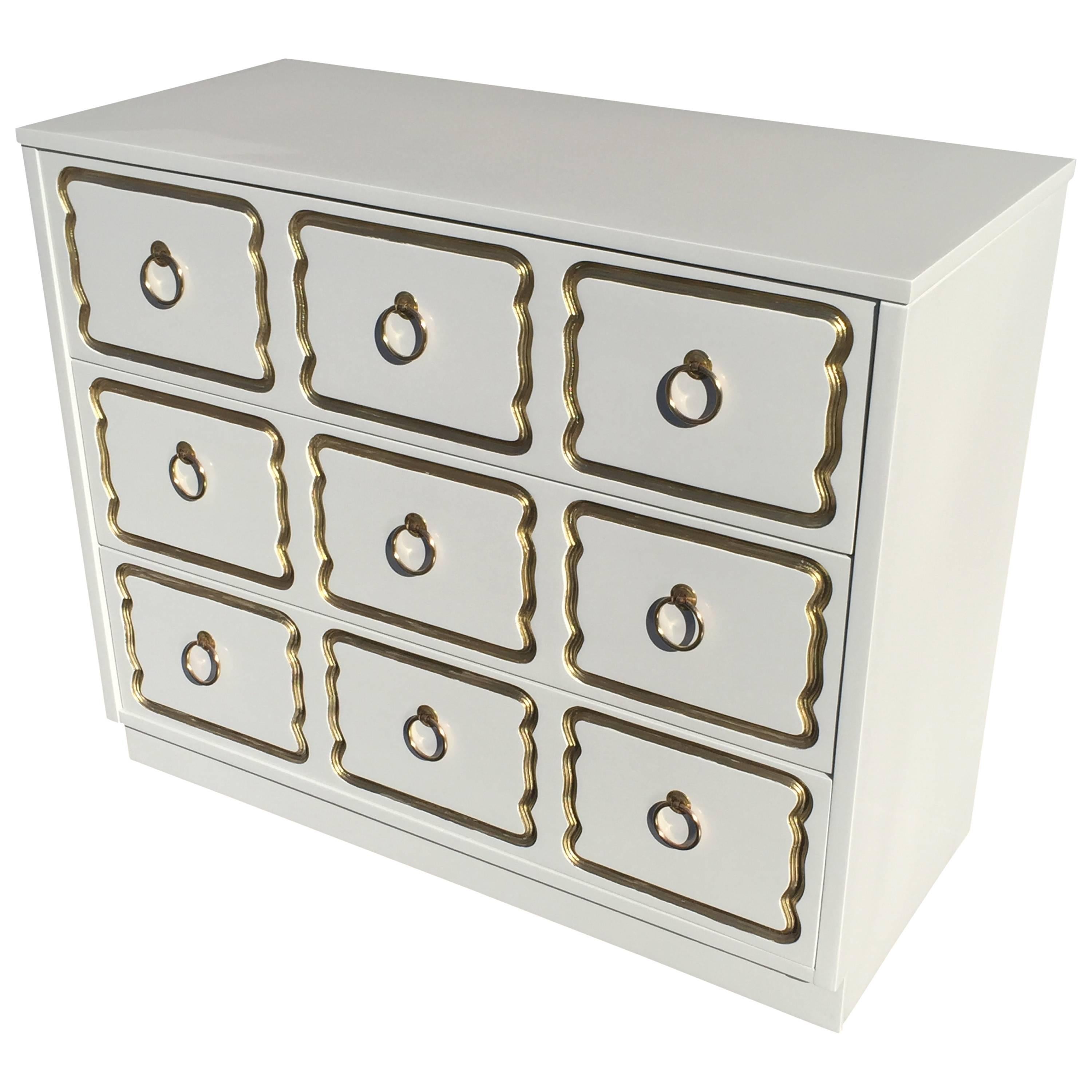 Dorothy Draper Style Chest in Cream Lacquer and Gold