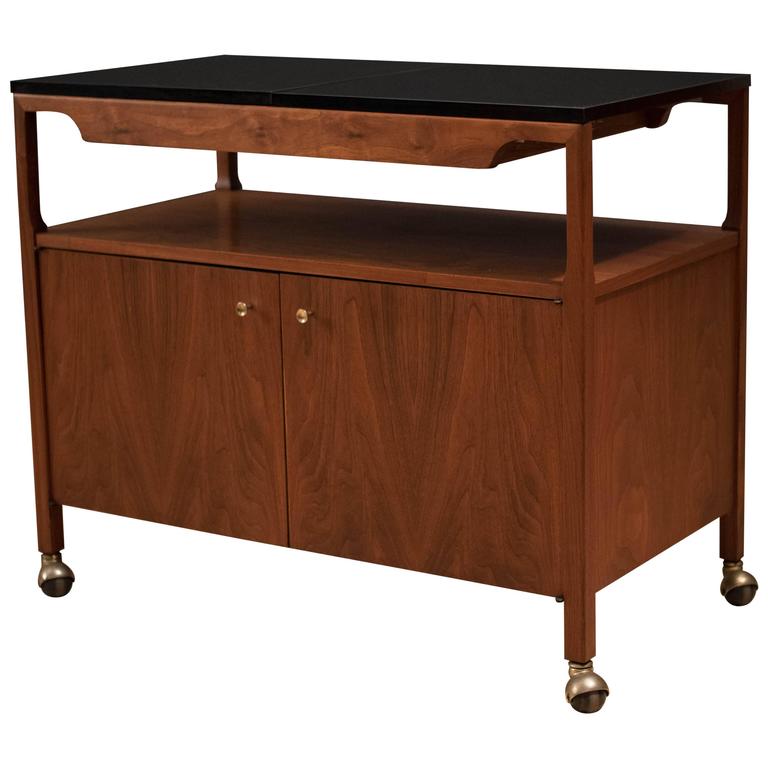 MidCentury Walnut Brown Saltman Serving Bar Cart For Sale at 1stdibs