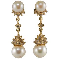 Must SELL! Exquisite Pearl and Diamond Gold Drop Earrings in the Style of Piaget