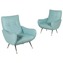 Vintage Two Armchairs, Foam Leatherette Metal Brass, Italy, 1950s-1960s