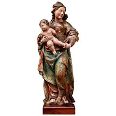 Fine 16th Century Sculpture of Virgin with Child in Carved Wood