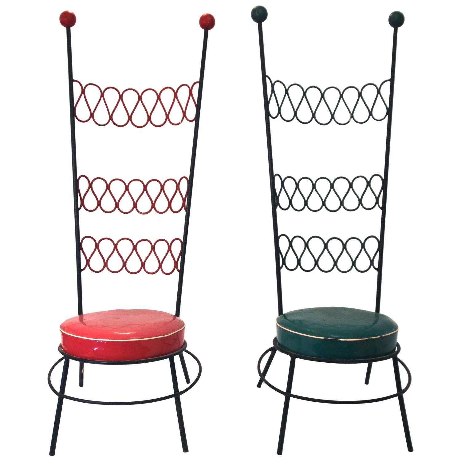 Pair of High Chairs in the Style of Jean Royère, Iron and Original Skai