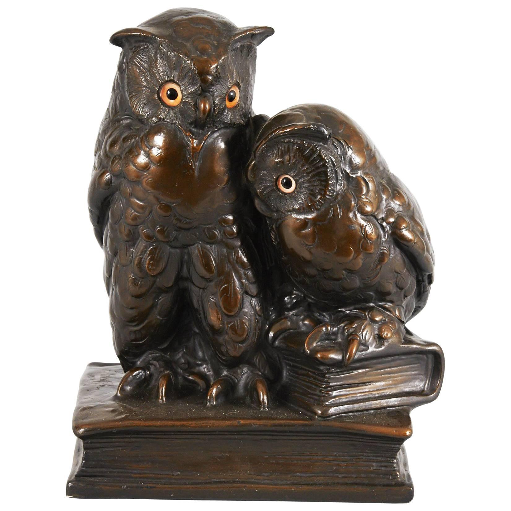 Large Ceramic Owl Couple Sitting on Books For Sale