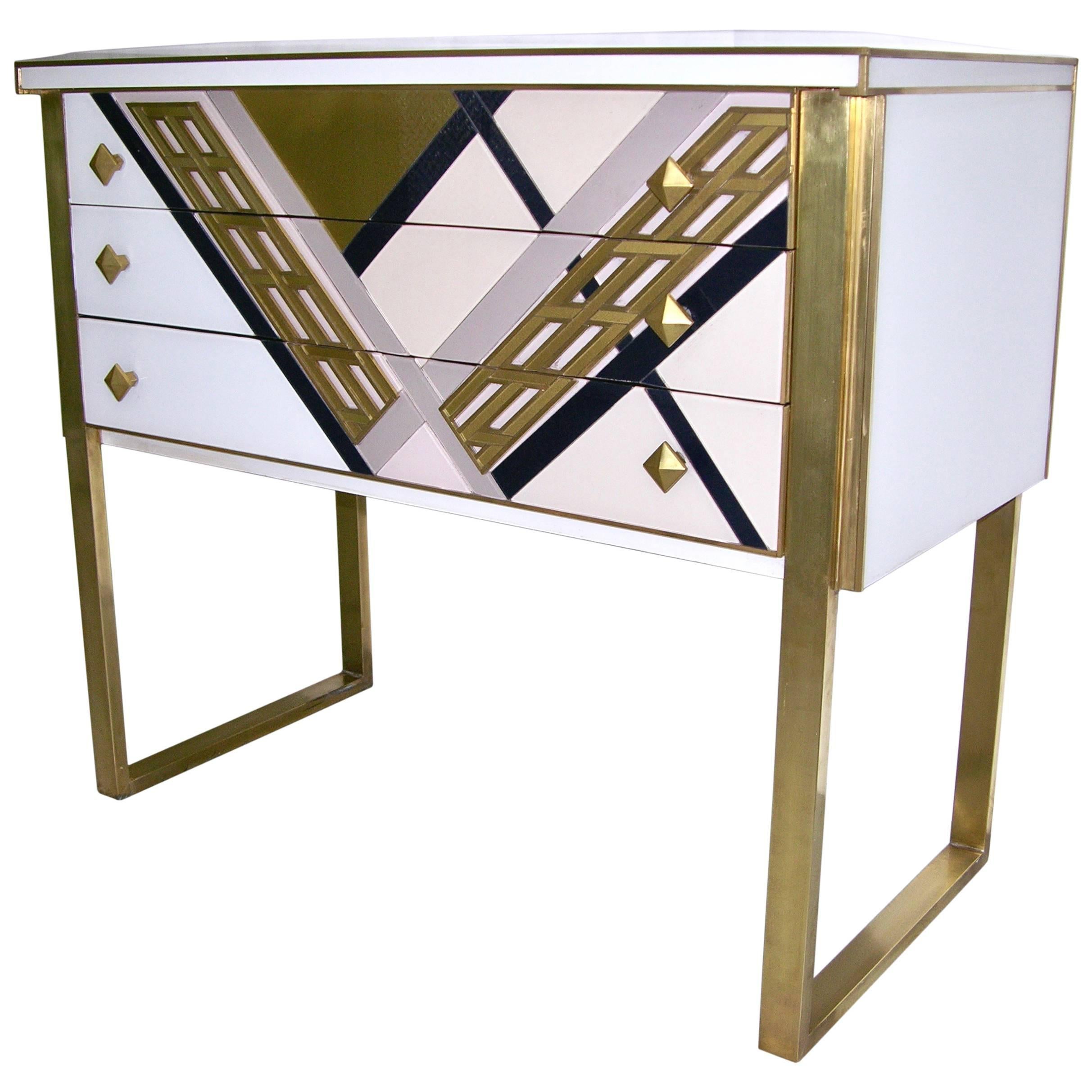 1990s Italian Unique White Black and Gold Chest or Sideboard on Brass Legs For Sale