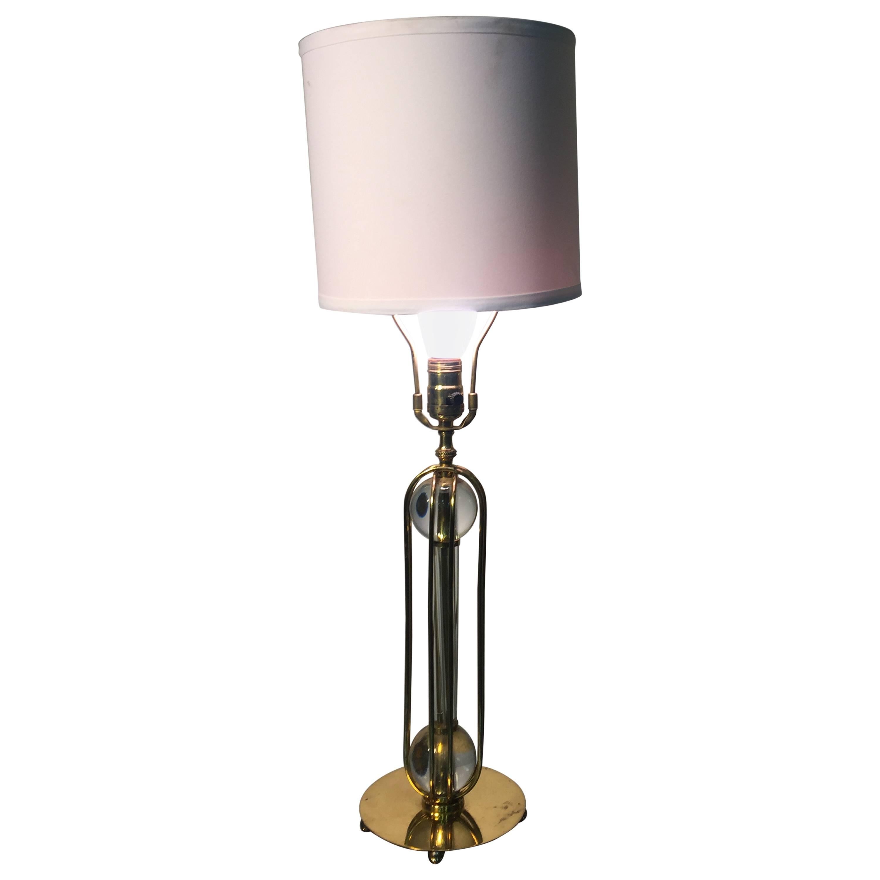 Beautiful Brass Table Lamp with Glass Ball and Cage Design For Sale