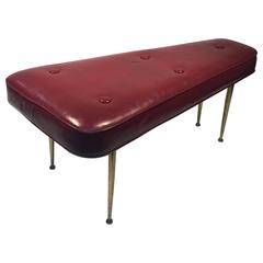 Gorgeous Italian Burgundy Color Bench with Brass Legs in the Manner of Gio Ponti