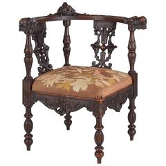French Renaissance Style Carved Walnut Corner Armchair, Late 1800s 5
