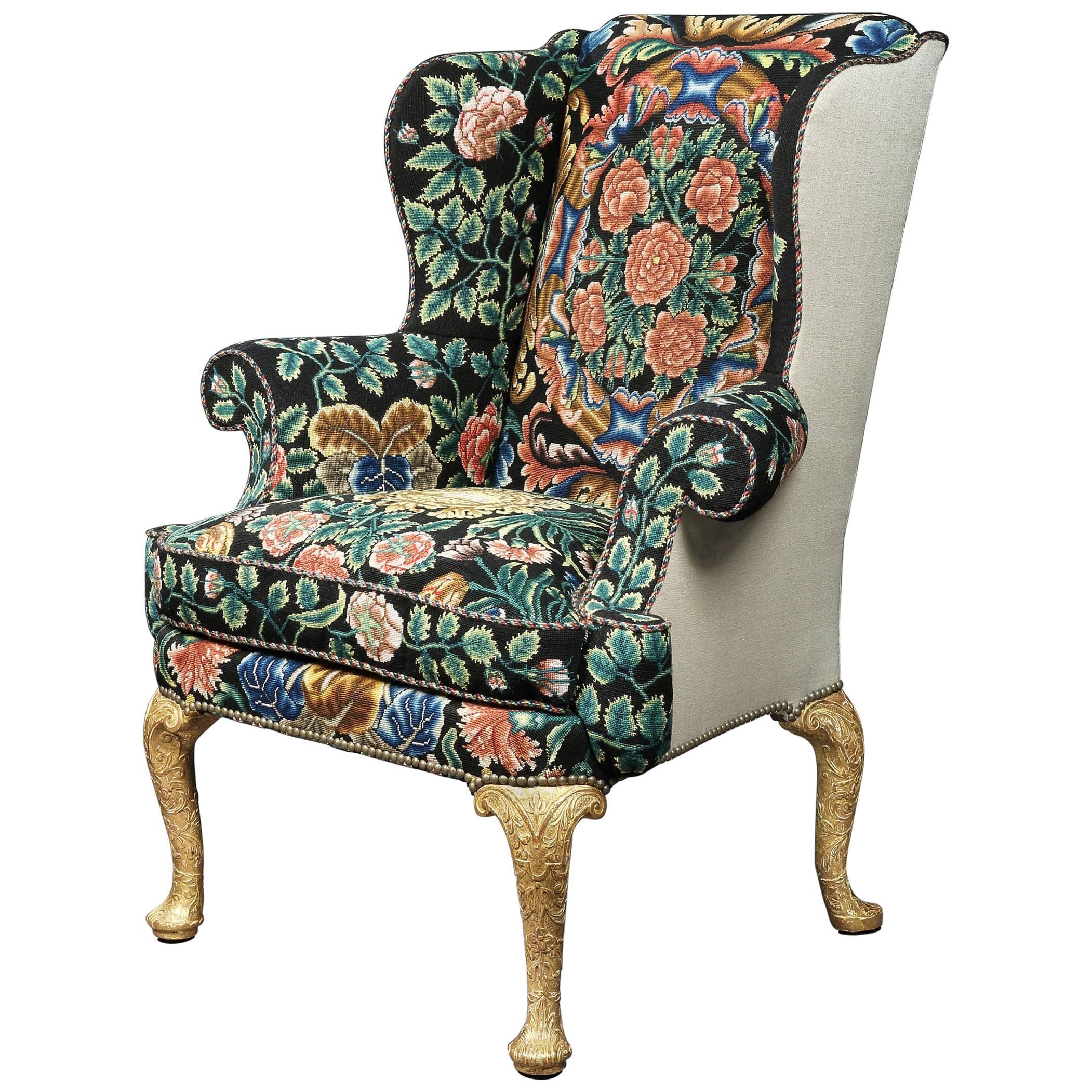 George I Gesso and Needlework Wing Chair For Sale
