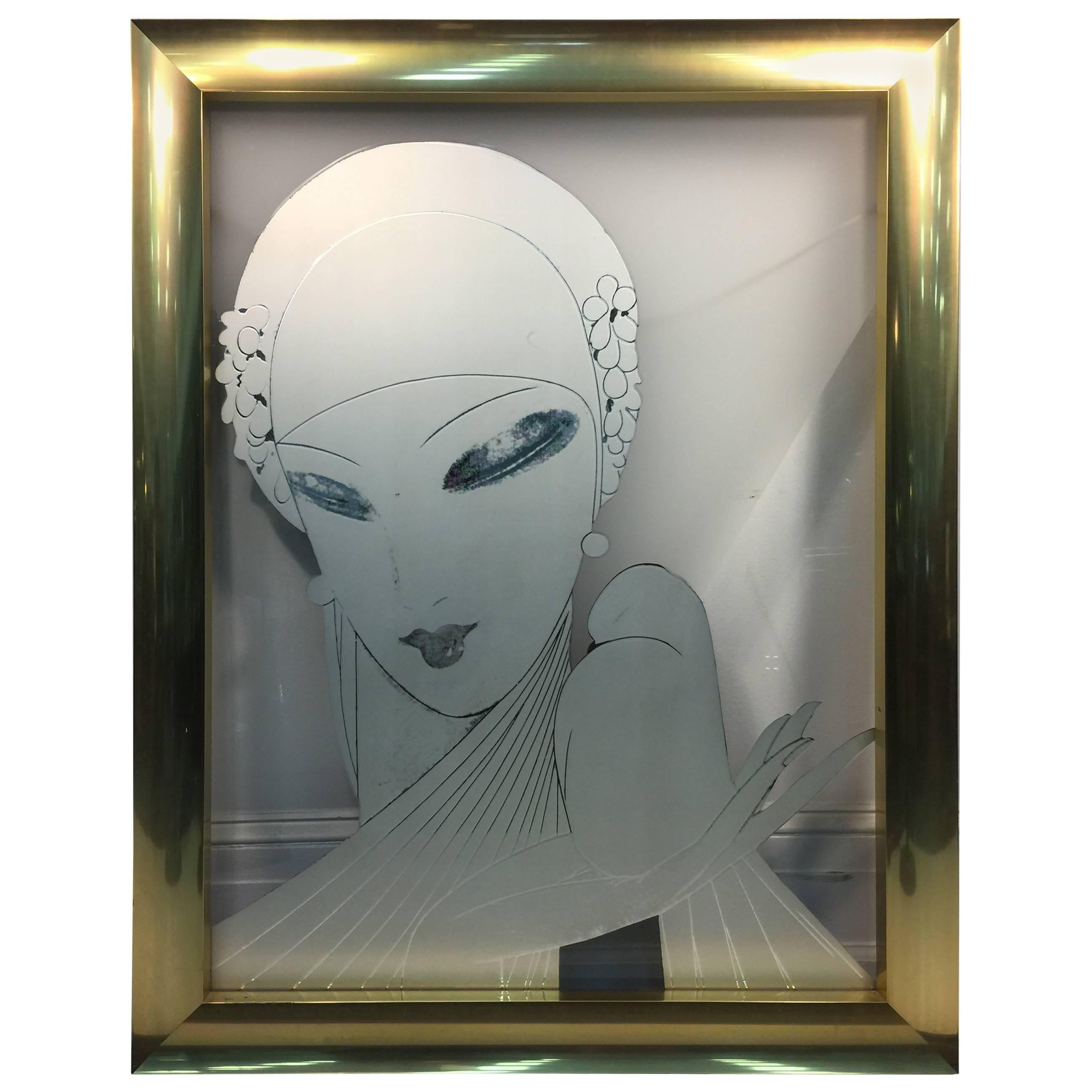 Fabulous Art Deco Revival Painting on Glass of a Glamorous Flapper and Dove For Sale