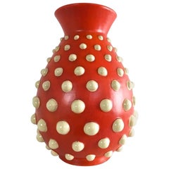 Scarlet Red Terracotta Vase with Ivory Embossed Polka Dots, Italy, 1940s