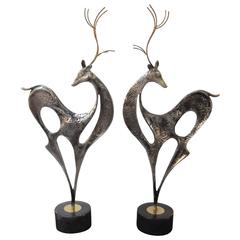 Vintage Pair of Cast Aluminium and Marble Reindeer Sculptures by Curtis Jere