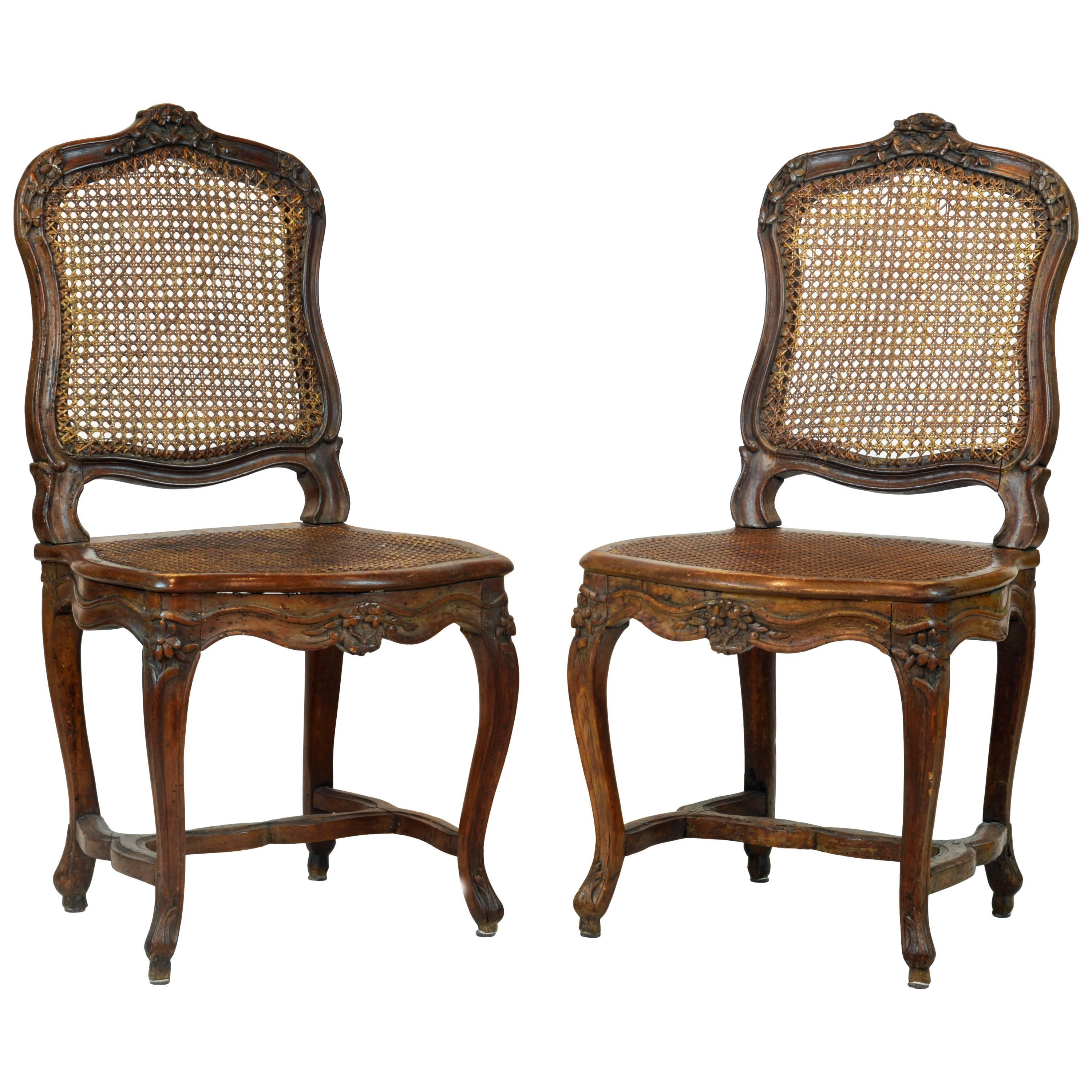 Fine 18th Century Louis XV French Provincial Carved and Caned Side Chairs, Pair