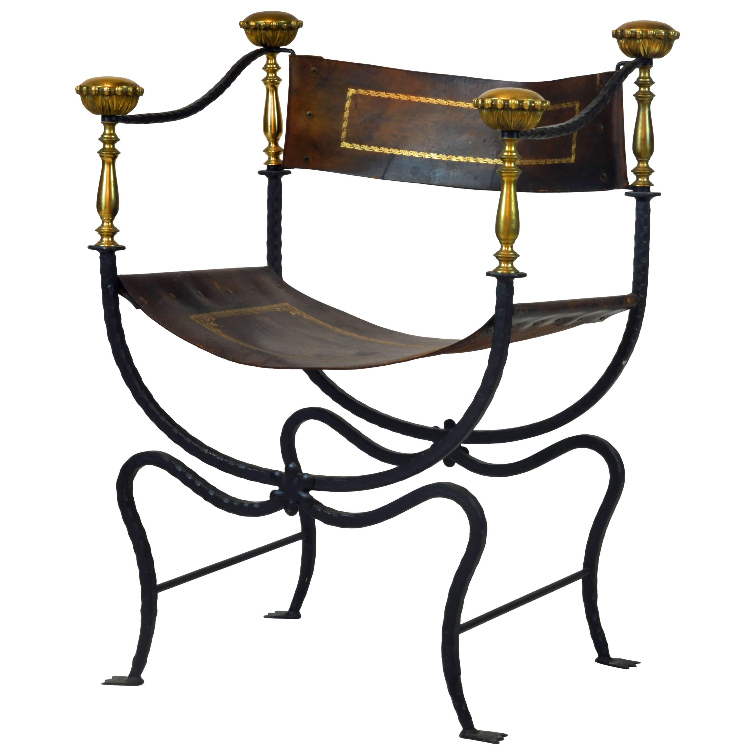 Renaissance Style Wrought Iron and Bronze Savonarola Chair with Original Leather