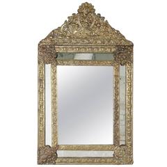 Napoleon III Period Bronze Repoussé Cushion Mirror with Double Beveled Frame