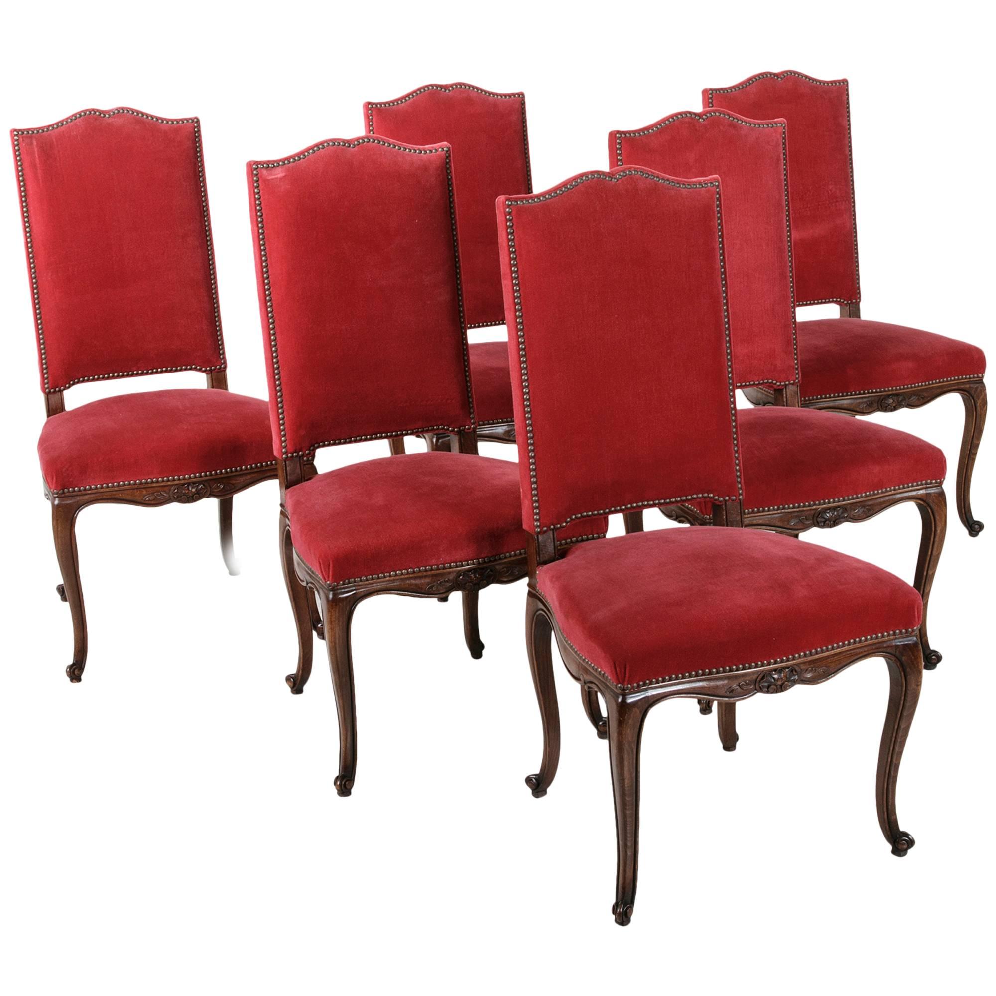Set of Six French Louis XV Style Chairs of Solid Beechwood with Red Mohair