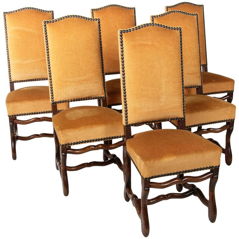 Set of Six MidCentury French Mutton Leg Louis XIII Style Dining Chairs