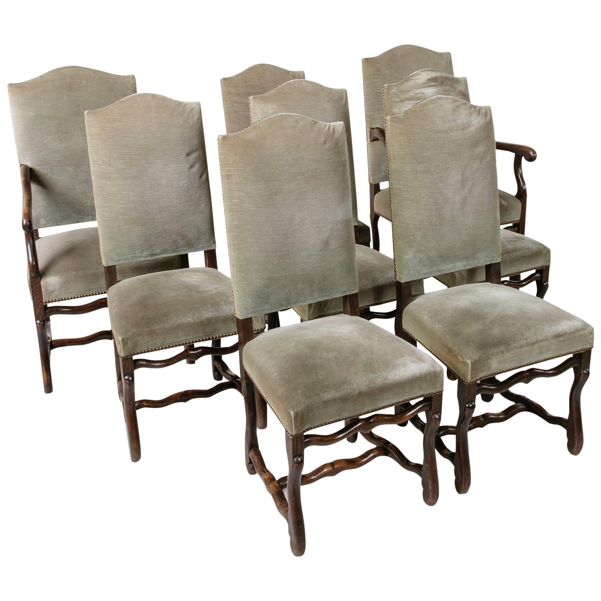 Mid-Century French Set of Eight Mutton Leg Louis XIII Style Dining Chairs