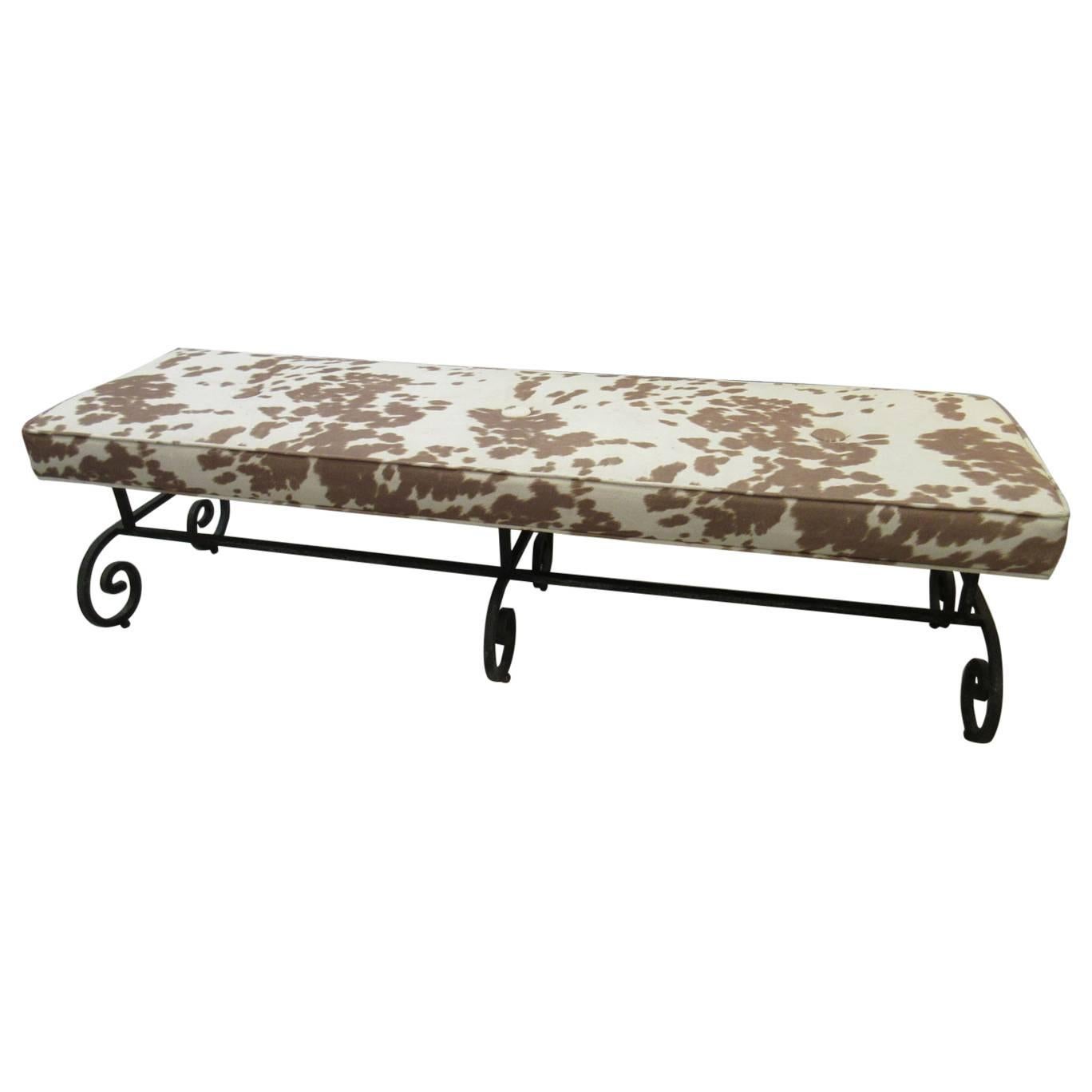 Faux Cowhide Bench with Black Iron Base For Sale