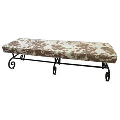 Faux Cowhide Bench with Black Iron Base