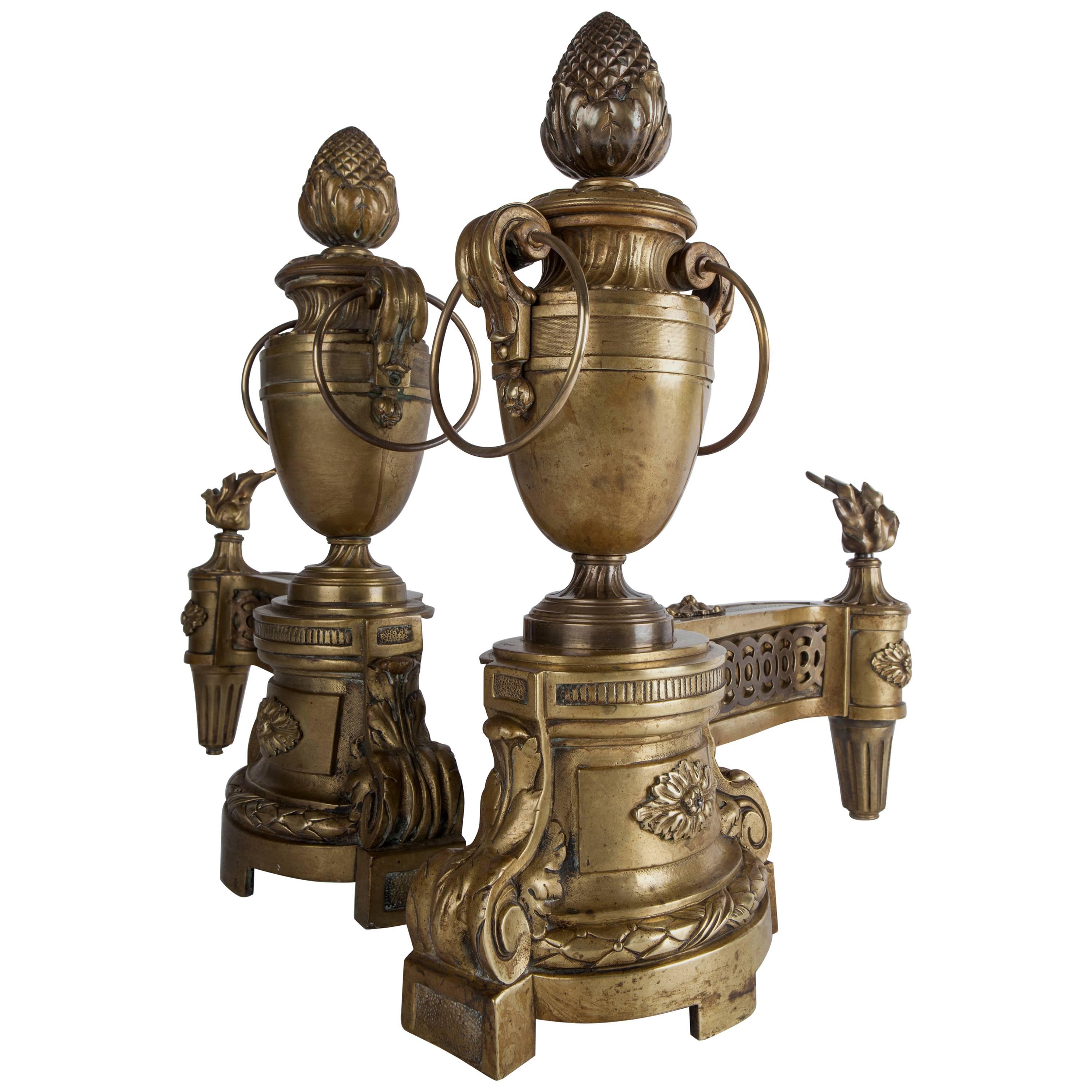 French Urn Form Chenets with Flame and Pinecone Finials in Aged Brass, c. 1860s For Sale