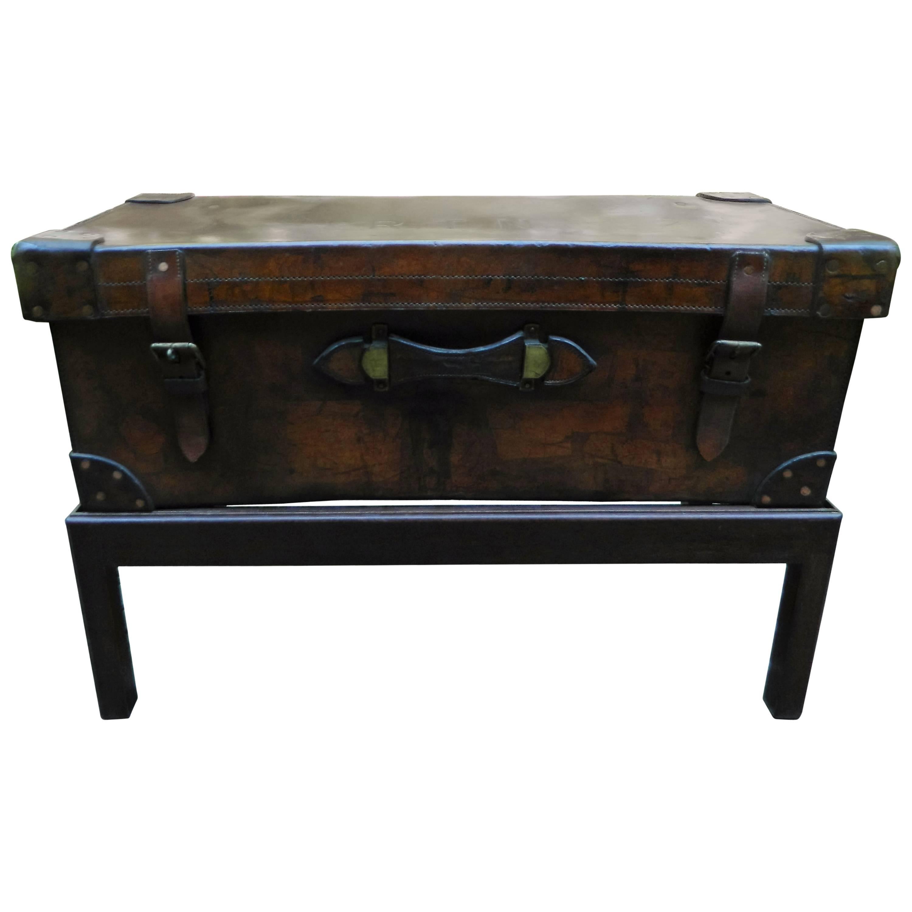 English Leather Trunk Adapted as a Coffee Table on a Wood Base, 19th Century