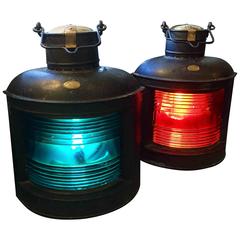 Antique Pair of Very Large American 19th Century Ship's Bow Lights with Fresnel Lens