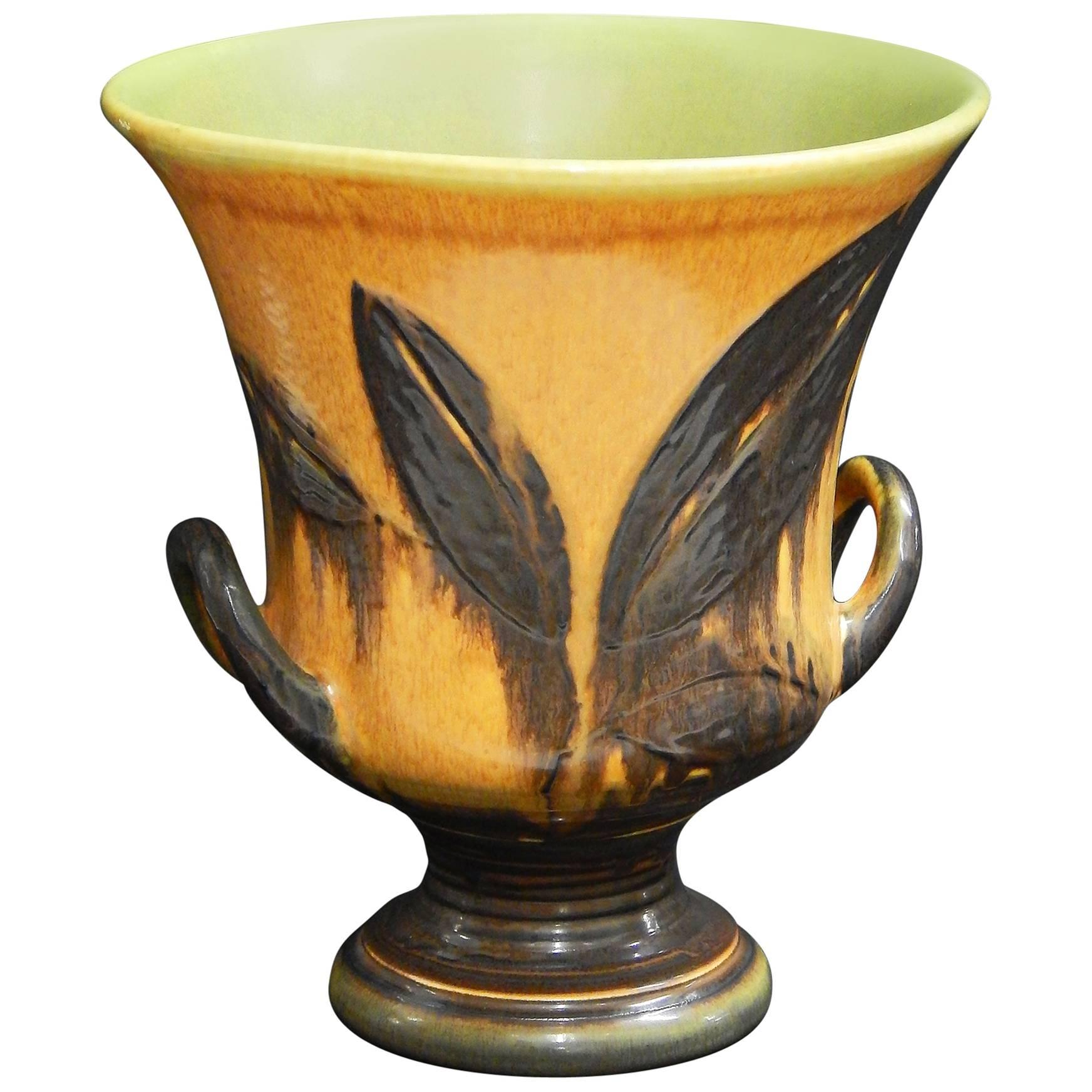 Large, Two-Handled Art Deco Urn with Stylized Leaves, Deep Orange, 1930 For Sale
