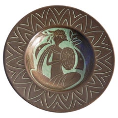 "Figure with Harp, " Art Deco Midcentury Low Bowl by Rudolf Petersen, Rare