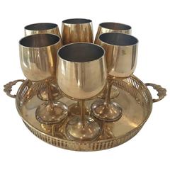 Vintage Set of Six Mid-Century Brass Goblets and Tray