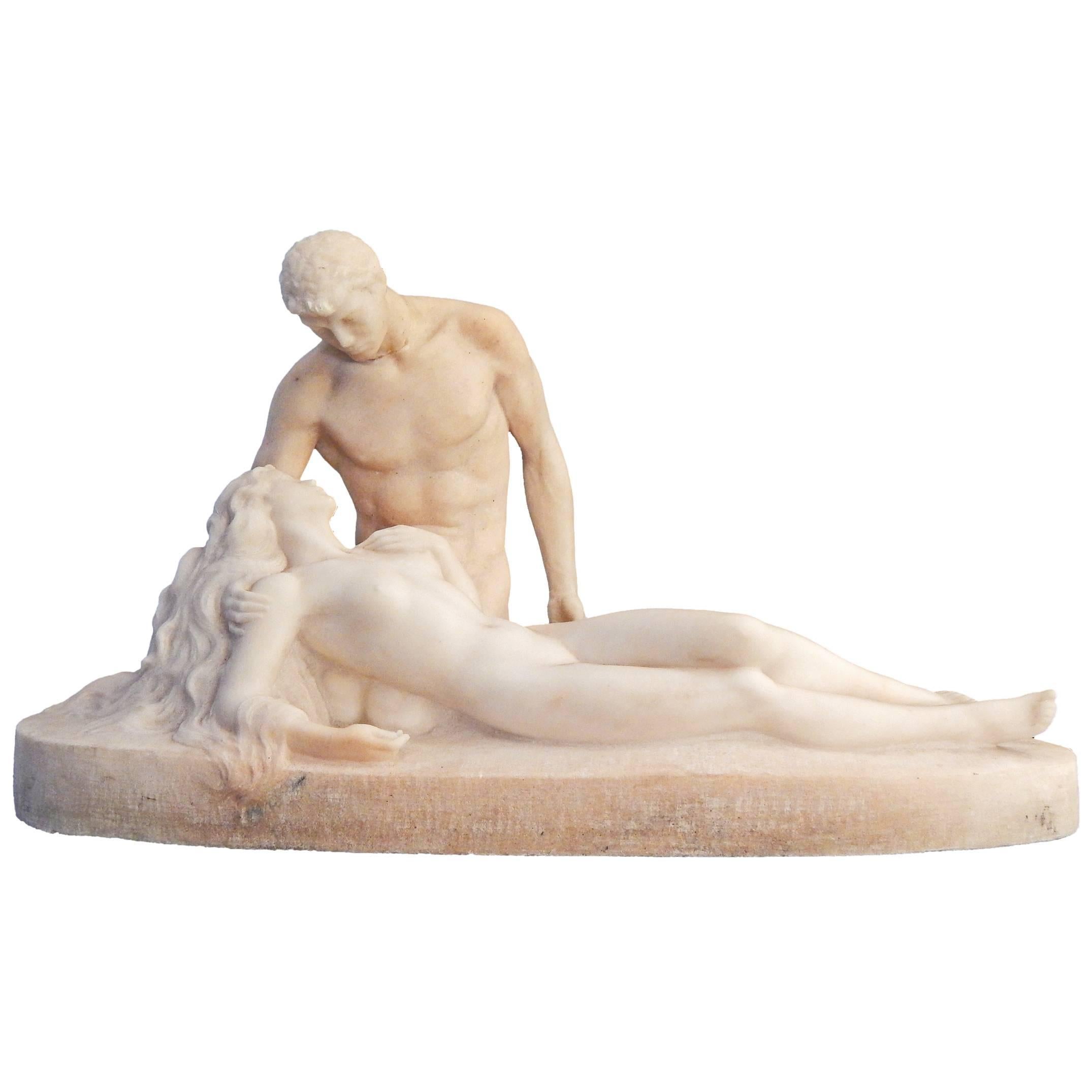 "Eternal Springtime, " Romantic Antique Sculpture in Marble with Nudes by Kalish