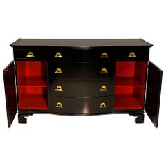 James Mont Style Black Lacquer with Brass Pagoda Form Sideboard
